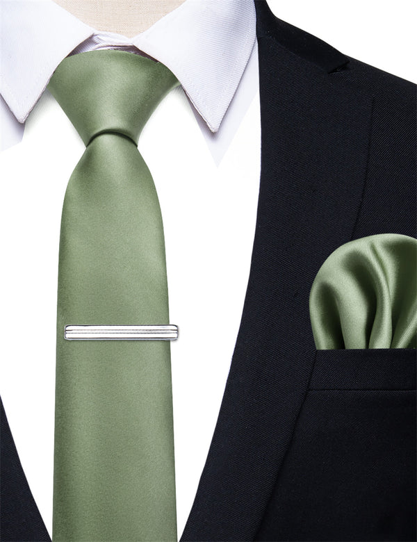 YourTies Laurel Green Solid Skinny Tie Set with Tie Clip