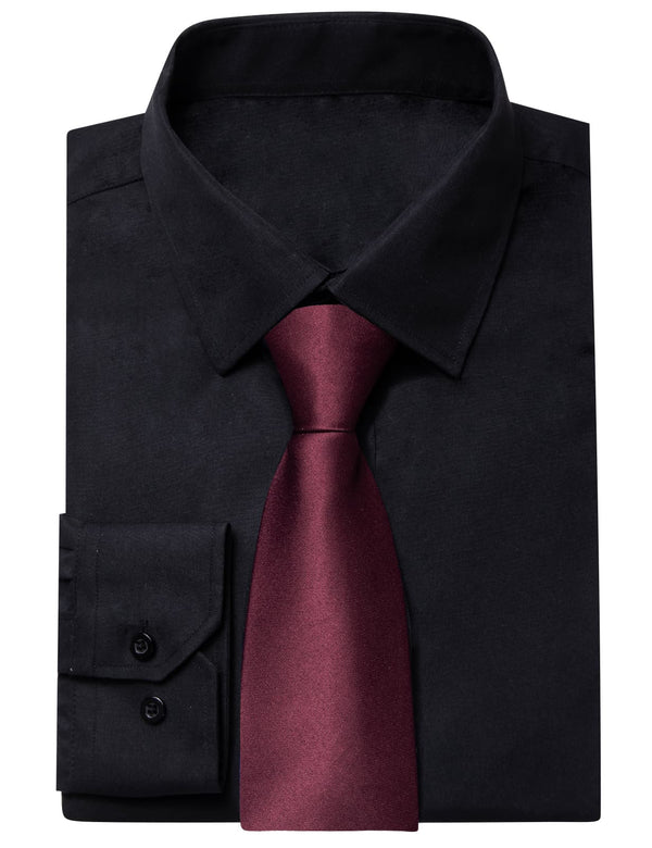 YourTies Black Solid Long Sleeve Shirt with Burgundy Solid Silk Tie for Men