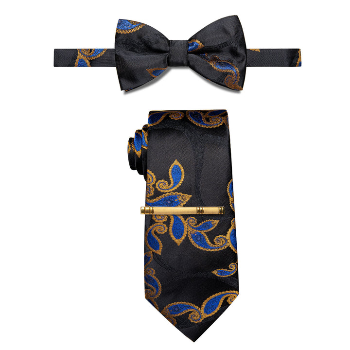 Black Blue Paisley Pre-tied Bow Tie Necktie Golden Tie Clip