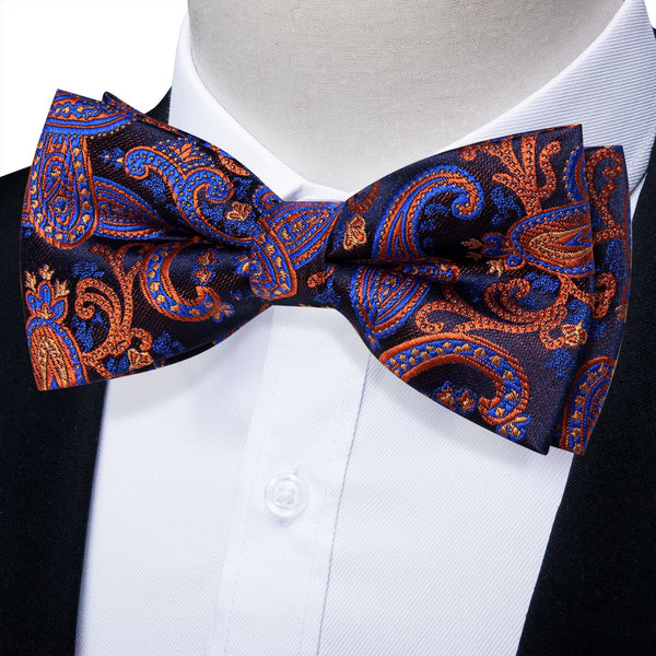 YourTies Burnt Orange Blue Paisley Silk Mens Pre-tied Bowtie