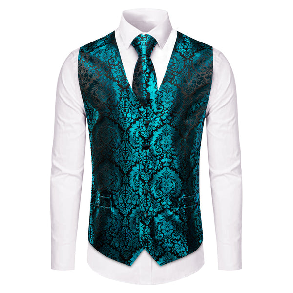 YourTies Teal Blue Green Floral Men Vest Tie Handkerchief Cufflinks Set