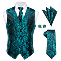 YourTies Green Black Floral Leaf Silk Men's Vest Necktie Hanky Cufflinks Set