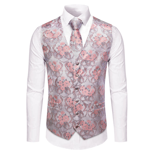 YourTies Pink Silver Floral Silk Mens Vest Necktie Hanky Cufflinks Set