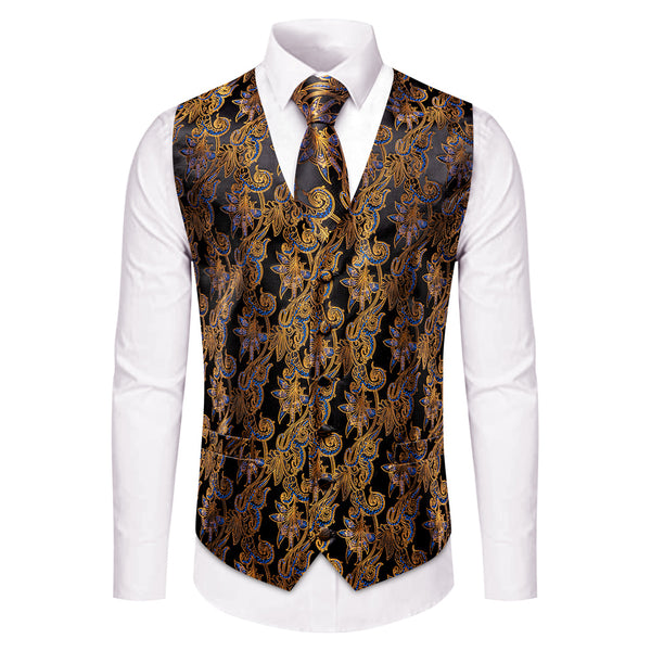 YourTies Gold Black Blue Floral Men's Vest Necktie Hanky Cufflinks Set