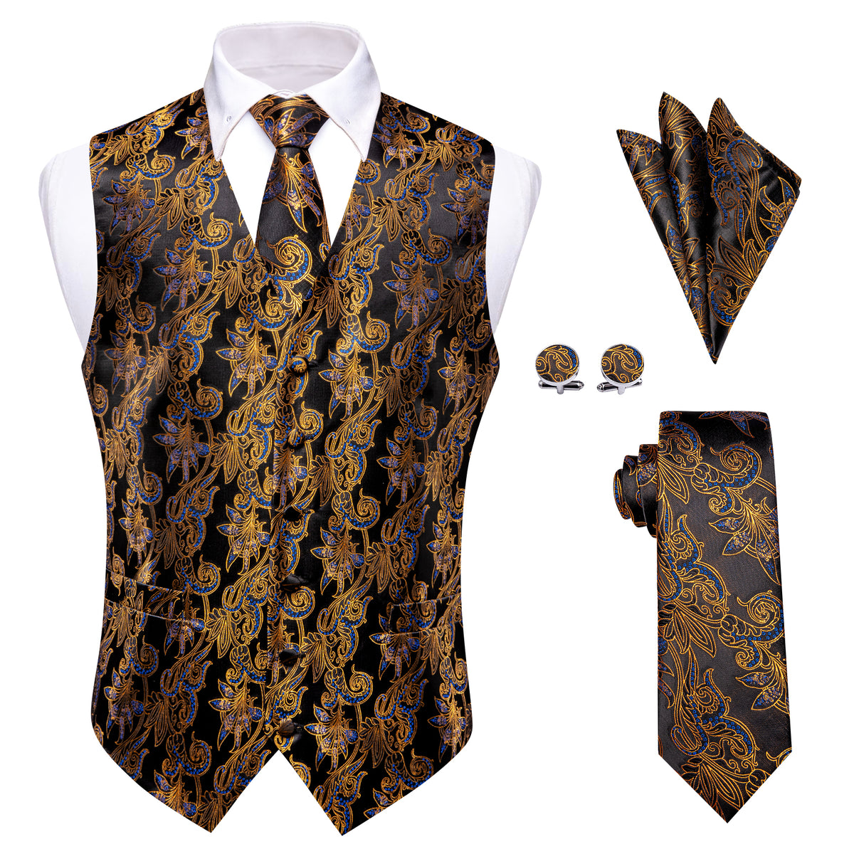 Gold Black Blue Floral Silk Men's Vest Necktie Handkerchief Cufflinks –  YourTies