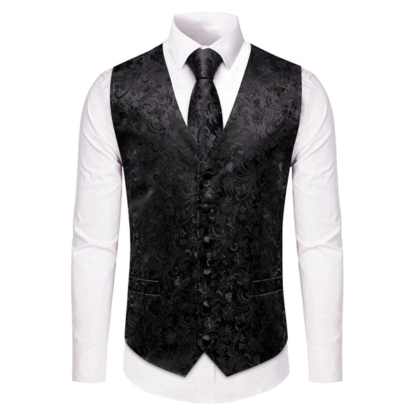 YourTies Black Floral Silk Men Vest Necktie Handkerchief Cufflinks Set