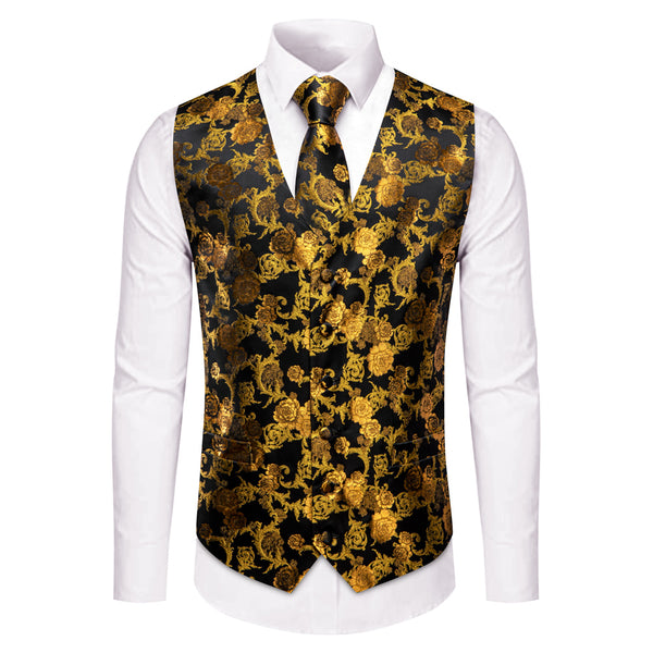 YourTies Gold Black Men's Vest Necktie Handkerchief Cufflinks Set