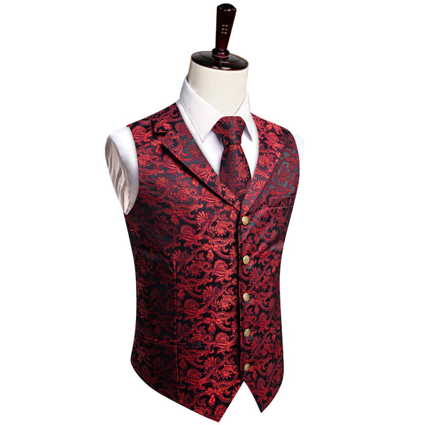 YourTies Floral Waistcoat Black Red Floral Silk Men's Vest Necktie Set