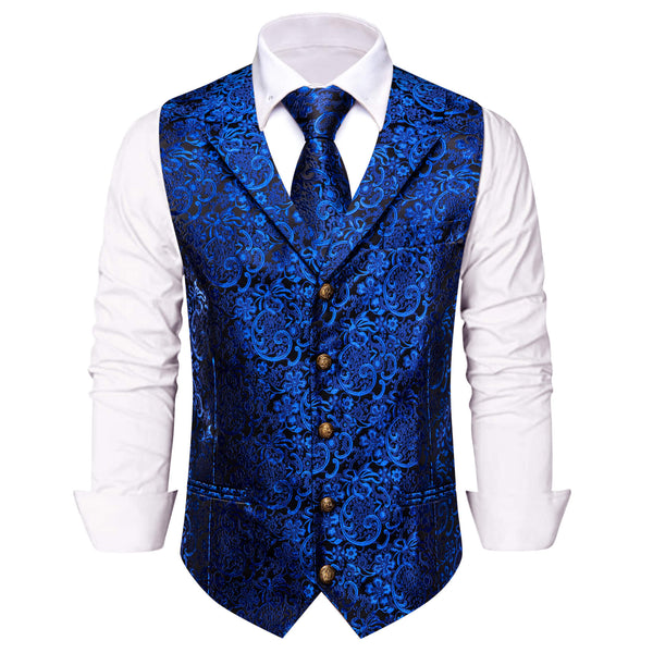 YourTies Blue Floral Silk Mens Vest Necktie Handkerchief Cufflinks Set