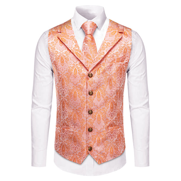 YourTies Pink Orange Pasiley Silk Men's Vest Necktie Handkerchief Cufflinks Set