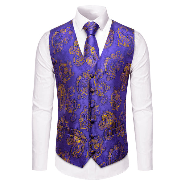 YourTies Purple Gold Paisley Vest Necktie Handkerchief Cufflinks Set