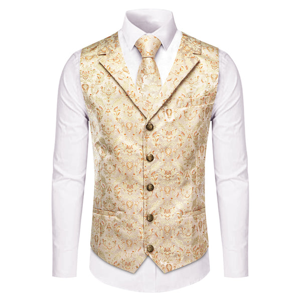 YourTies Waistcoat Beige Yellow Orange Floral Silk Men's Vest Tie Set