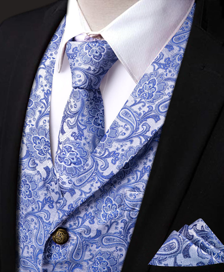  Sky Blue Waistcoat Silk Men's Paisley Wedding Vest Tie Set