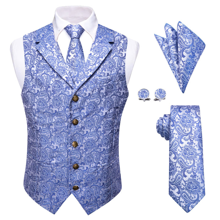  Sky Blue Waistcoat Silk Men's Paisley Wedding Vest Tie Set