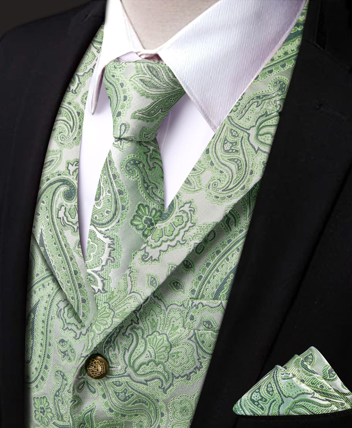 Light Green Waistcoat Silk Men's Paisley Wedding Vest Tie Set