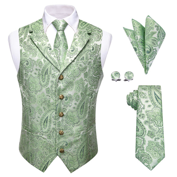 Light Green Waistcoat Silk Men's Paisley Wedding Vest Tie Set