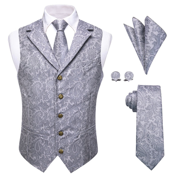 Wedding Vest Silver Grey Notched Lapel Waistcoat Necktie Set