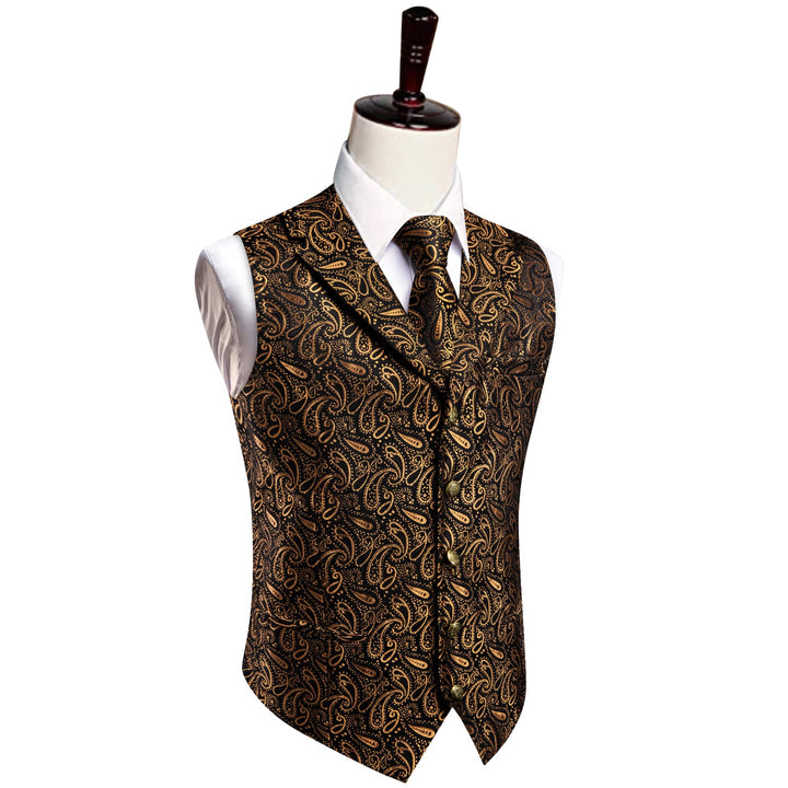 Wedding Vest Black Gold Paisley Men's Waistcoat Necktie Set