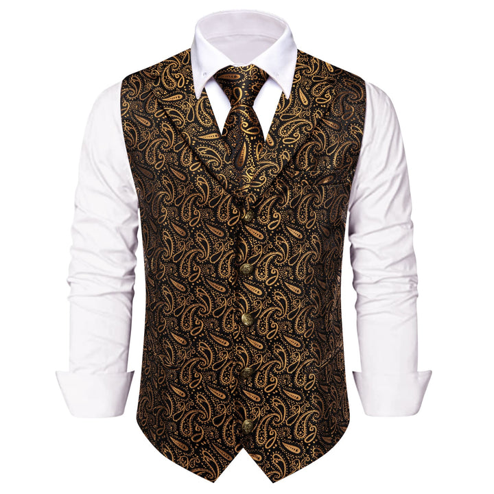 Wedding Vest Black Gold Paisley Men's Waistcoat Necktie Set