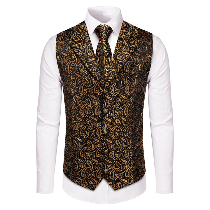 Wedding Vest Black Gold Paisley Men's Waistcoat Necktie Set