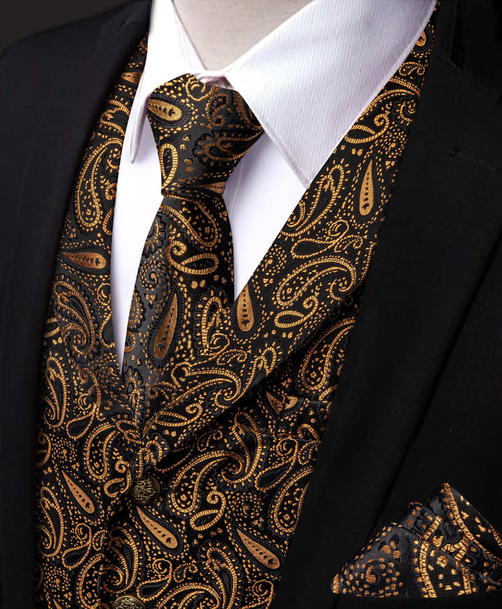 Wedding Vest Black Gold Paisley Men's Waistcoat Necktie Set