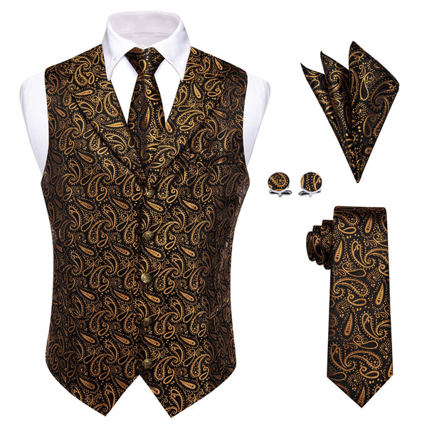 Wedding Vest Black Gold Paisley Men's Waistcoat Necktie Set