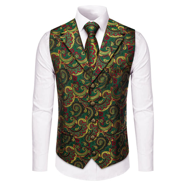 Dark Green Vest Yellow Red Paisley Mens Waistcoat Necktie Set