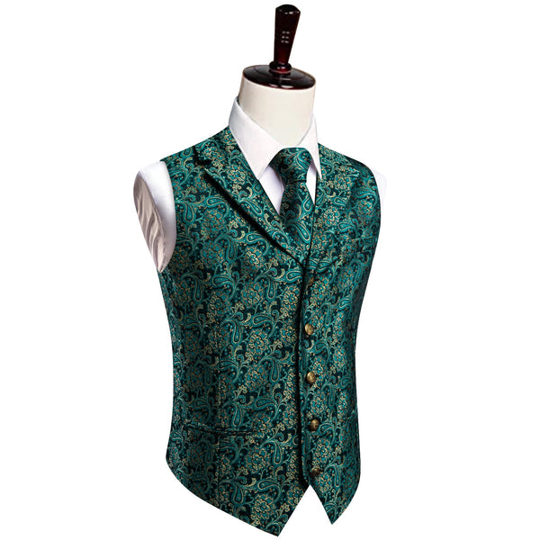 Dark Green Vest Teal Blue Paisley Mens Waistcoat Necktie Set