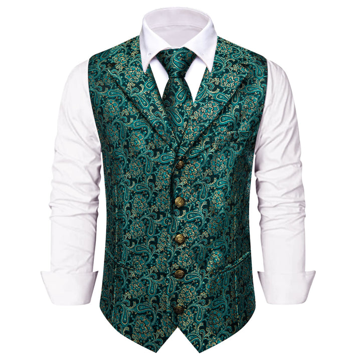 Dark Green Vest Teal Blue Paisley Mens Waistcoat Necktie Set