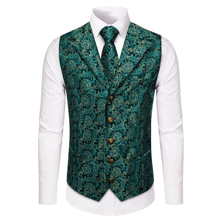 Dark Green Vest Teal Blue Paisley Mens Waistcoat Necktie Set