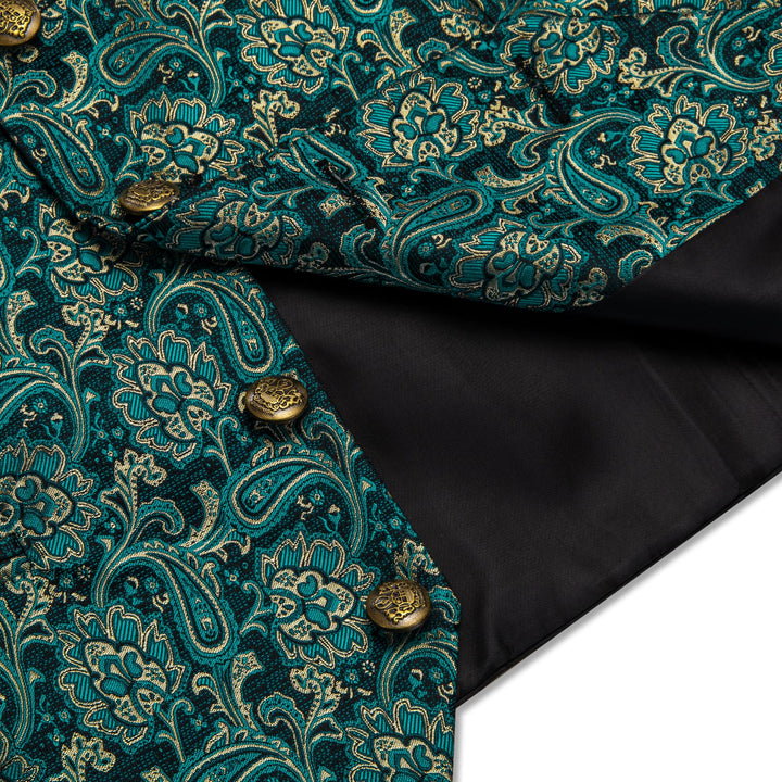 Dark Green Vest Teal Blue Paisley Mens Waistcoat Necktie Set