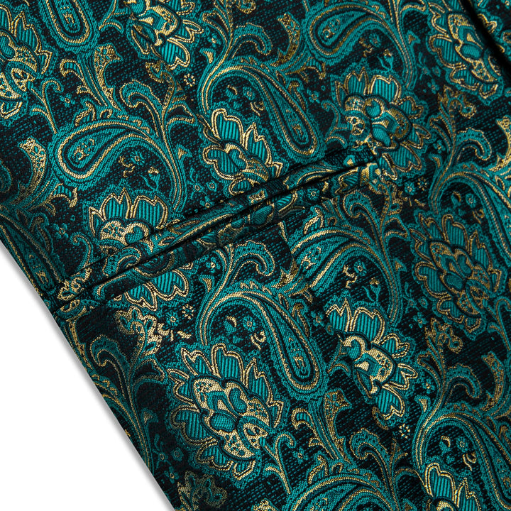 Dark Green Vest Teal Blue Paisley Mens Waistcoat Necktie Set