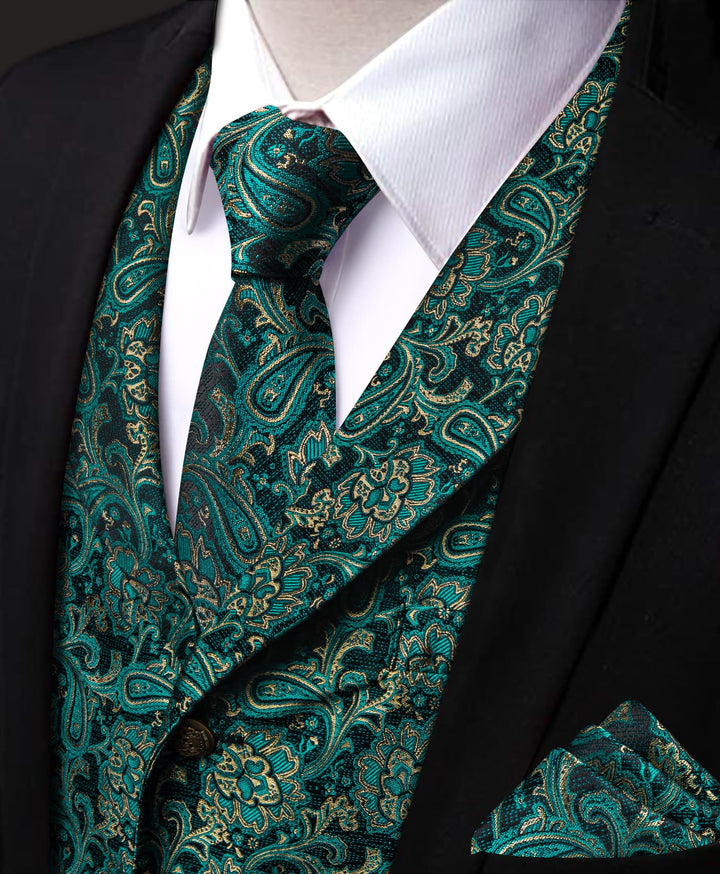 Dark Green Vest Teal Blue Paisley Mens Waistcoat Necktie Set