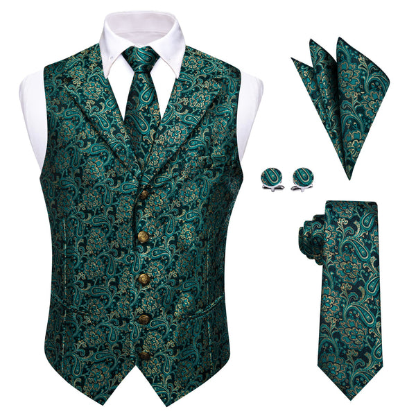 Dark Green Vest Teal Blue Paisley Mens Waistcoat Necktie Set