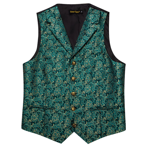 Dark Green Vest Teal Blue Paisley Mens Waistcoat Necktie Set