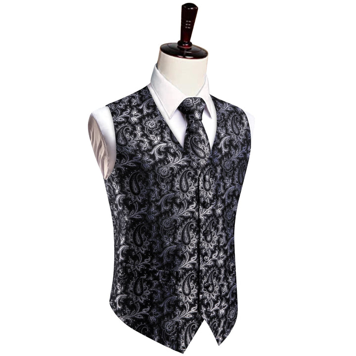 Black Waistcoat Silver Paisley V-Neck Mens Vest Necktie Set