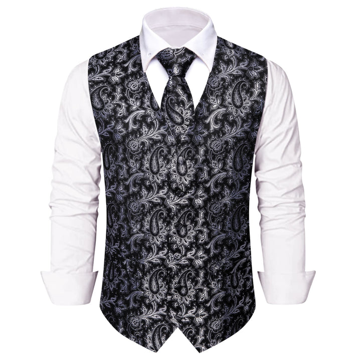 Black Waistcoat Silver Paisley V-Neck Mens Vest Necktie Set