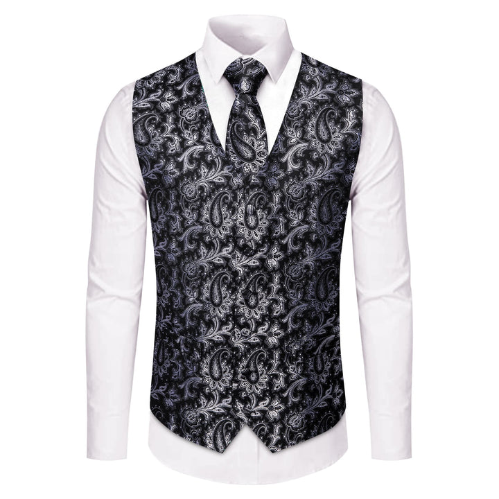 Black Waistcoat Silver Paisley V-Neck Mens Vest Necktie Set