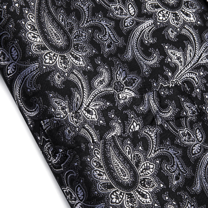 Black Waistcoat Silver Paisley V-Neck Mens Vest Necktie Set