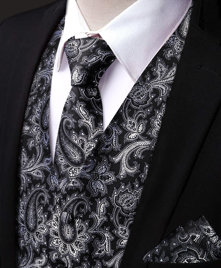 Black Waistcoat Silver Paisley V-Neck Mens Vest Necktie Set