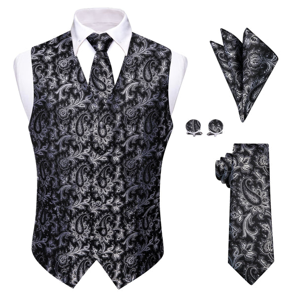 Black Waistcoat Silver Paisley V-Neck Mens Vest Necktie Set
