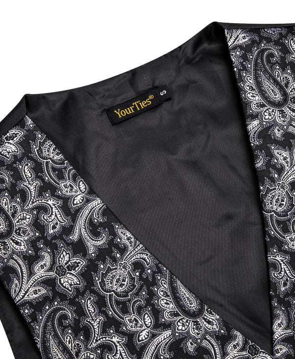 Black Waistcoat Silver Paisley V-Neck Mens Vest Necktie Set