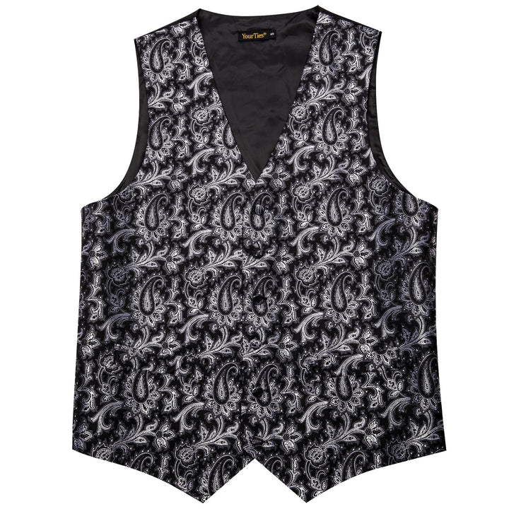 Black Waistcoat Silver Paisley V-Neck Mens Vest Necktie Set