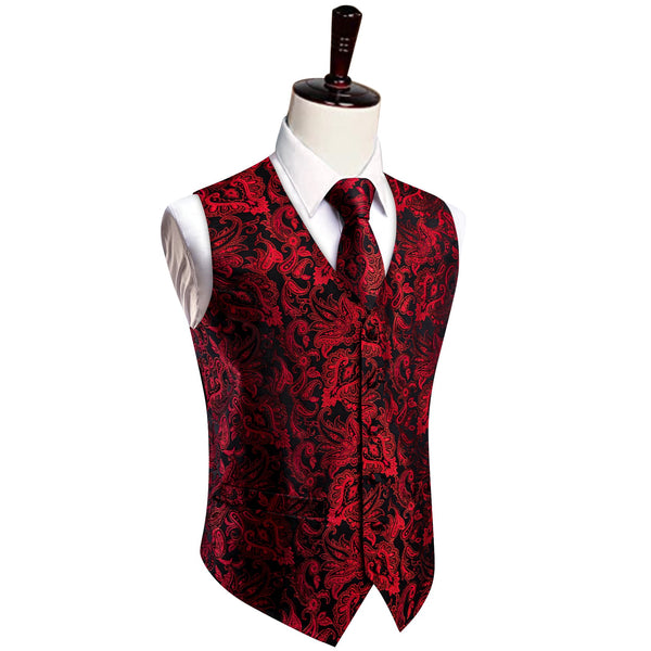 V-Neck Waistcoat Red Jacquard Paisley Men's Vest Necktie Set