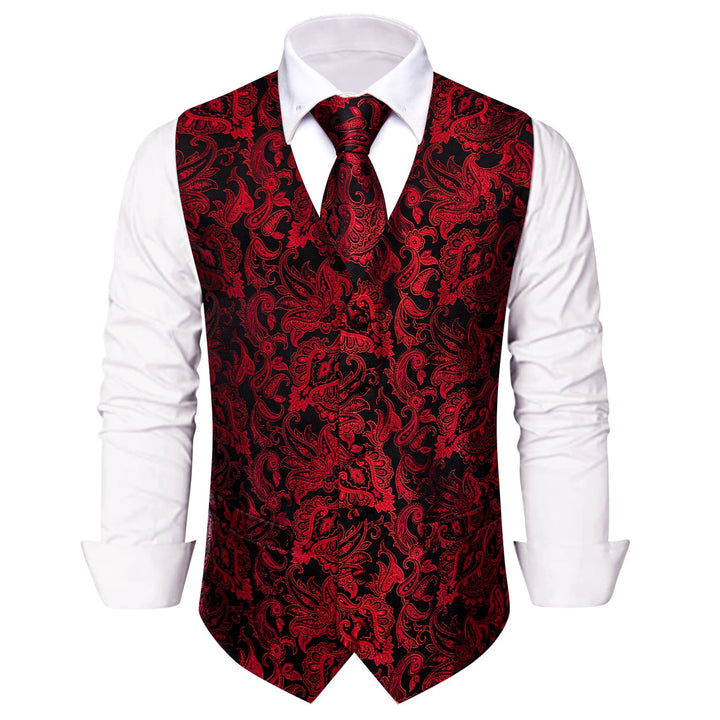 V-Neck Waistcoat Red Jacquard Paisley Men's Vest Necktie Set