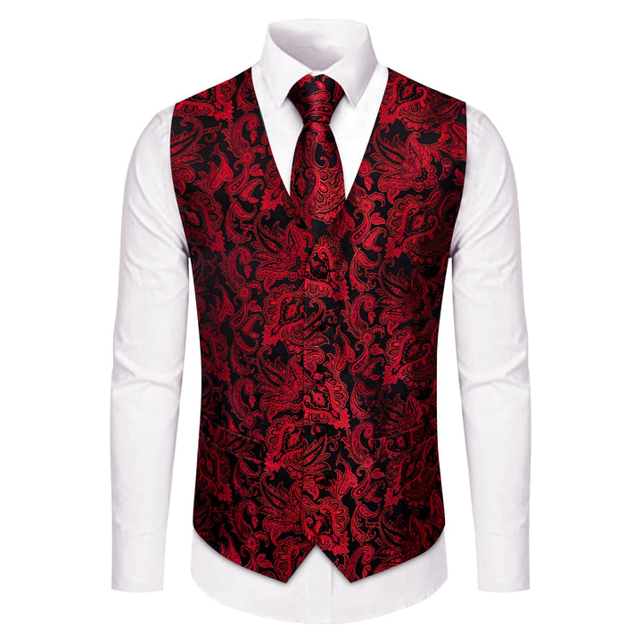 V-Neck Waistcoat Red Jacquard Paisley Men's Vest Necktie Set