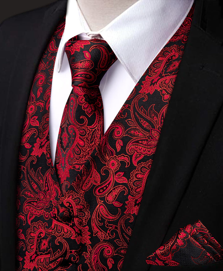 V-Neck Waistcoat Red Jacquard Paisley Men's Vest Necktie Set