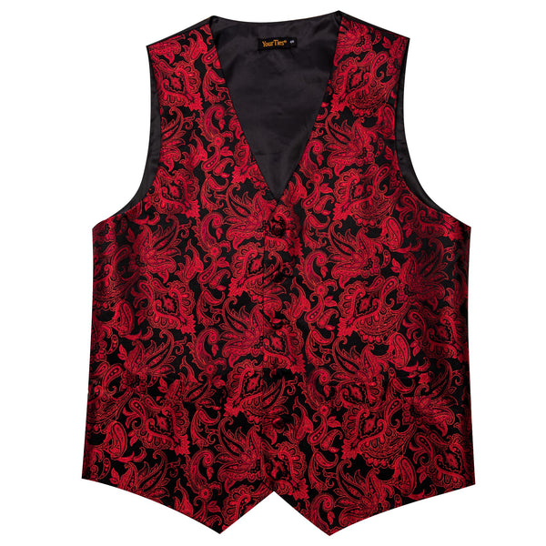 V-Neck Waistcoat Red Jacquard Paisley Men's Vest Necktie Set