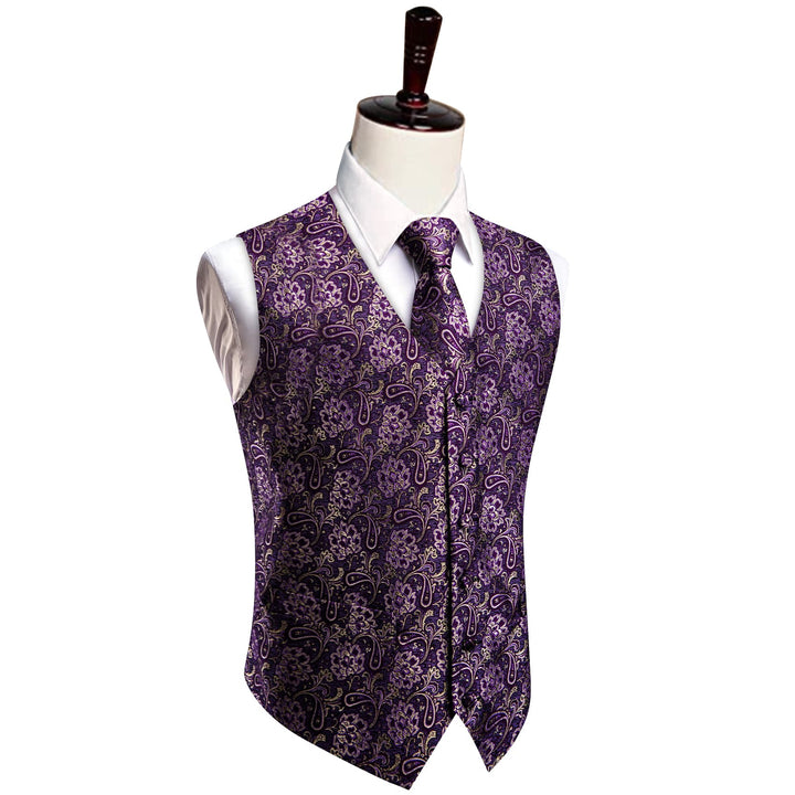 V-Neck Waistcoat Purple Beige Paisley Men's Vest Necktie Set