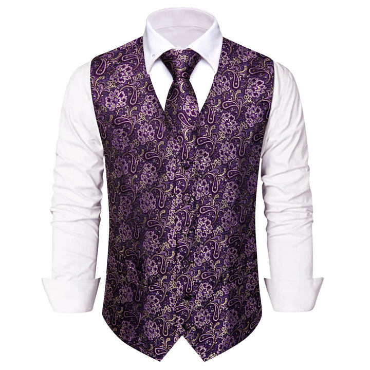 V-Neck Waistcoat Purple Beige Paisley Men's Vest Necktie Set